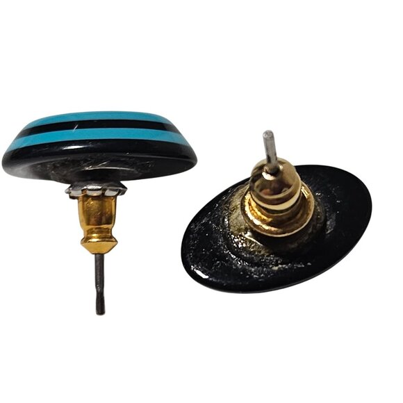 Vintage Oval Blue Black Striped Enamel Post Earrings Retro 50s 60s Fashion Women - Picture 4 of 5